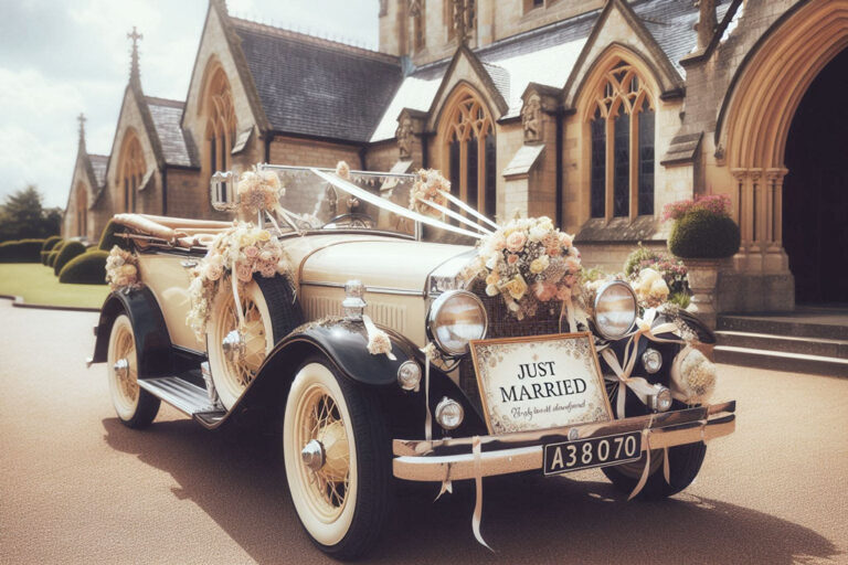 A traditional convertible wedding car decorated with flowers.