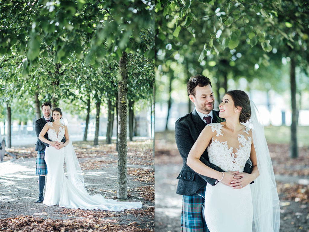 Bride and groom in a park