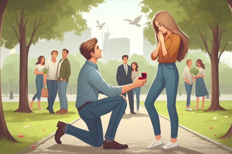 A man down on one knee publicly proposing to his girlfriend with a ring in hand in a scenic park setting.