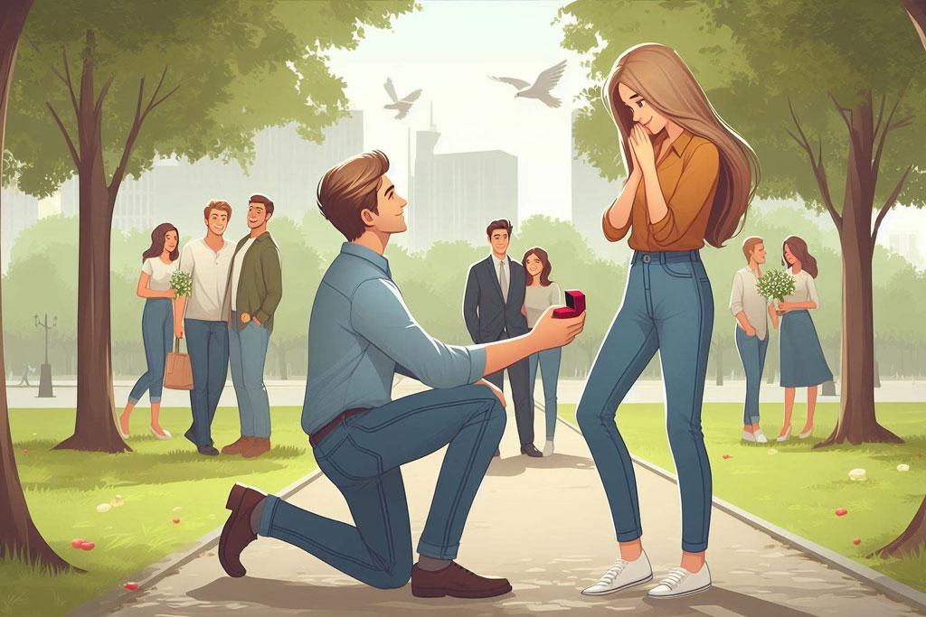 A man down on one knee publicly proposing to his girlfriend with a ring in hand in a scenic park setting.